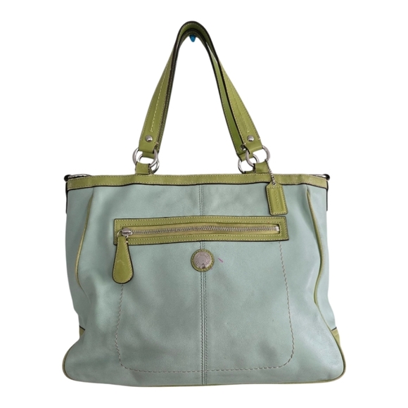 Coach Laura Leather Large Tote Shoulder Handbag F14887 Purse Blue Green - Picture 1 of 16